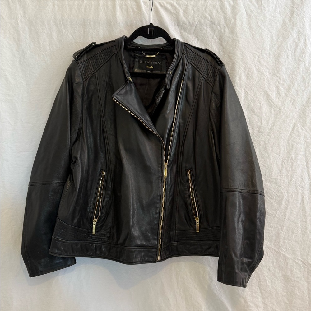 Bernardo Black Leather Jacket with Gold Zippers